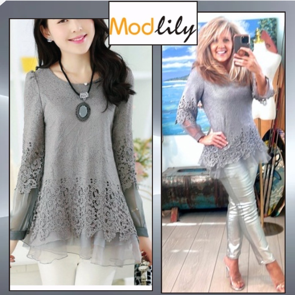 ⭐️Modlily,Cotton Broadcloth,Soft Silver, EUC, Intricate Lace,SO UNIQUE,Size M